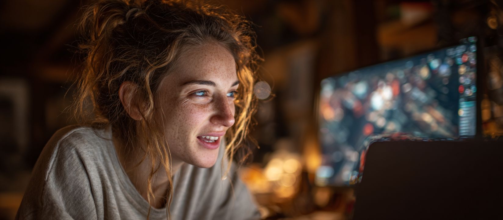 Uma mulher com expressão de jogo joga on-line em um laptop, o reflexo do jogo é visível no monitor - o símbolo do jogo Aviator