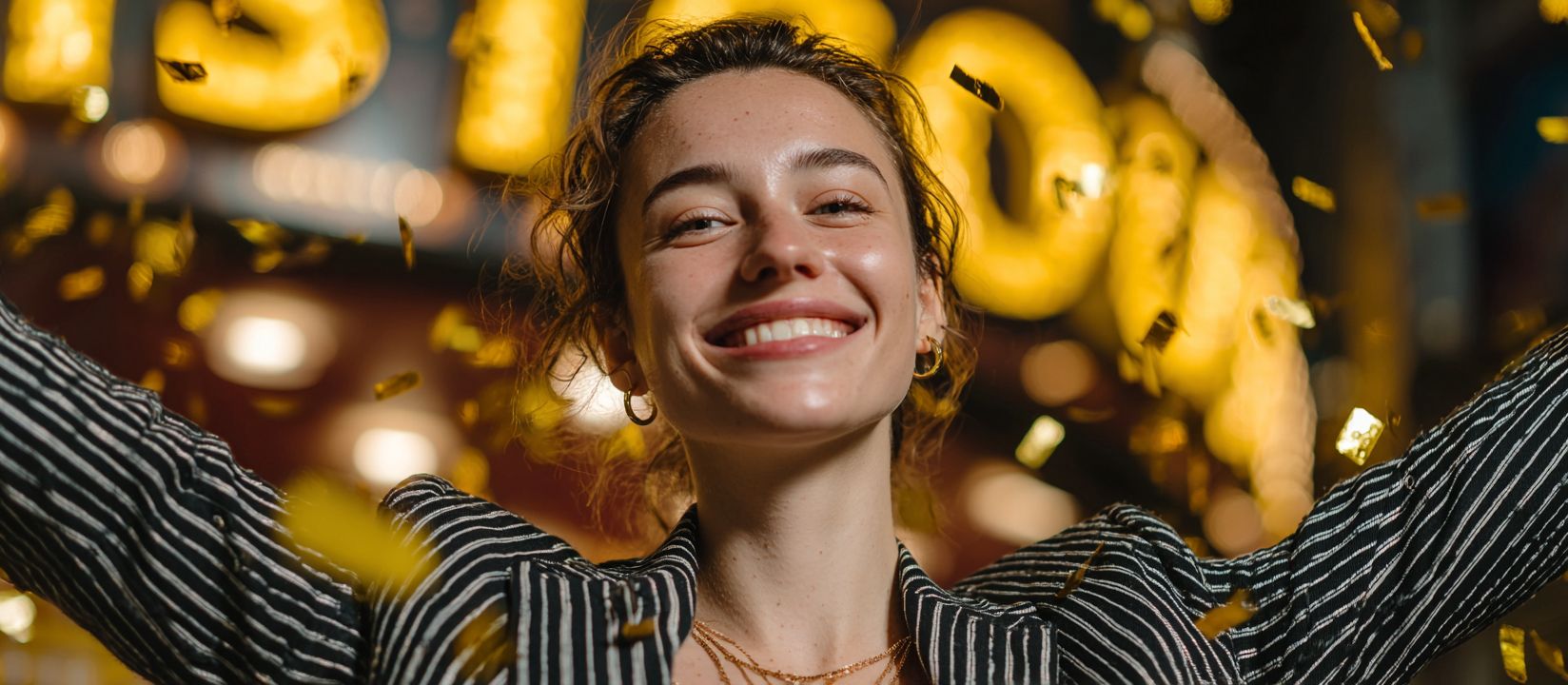Uma mulher feliz em meio a confetes dourados no fundo da sinalização colorida do cassino Loja777