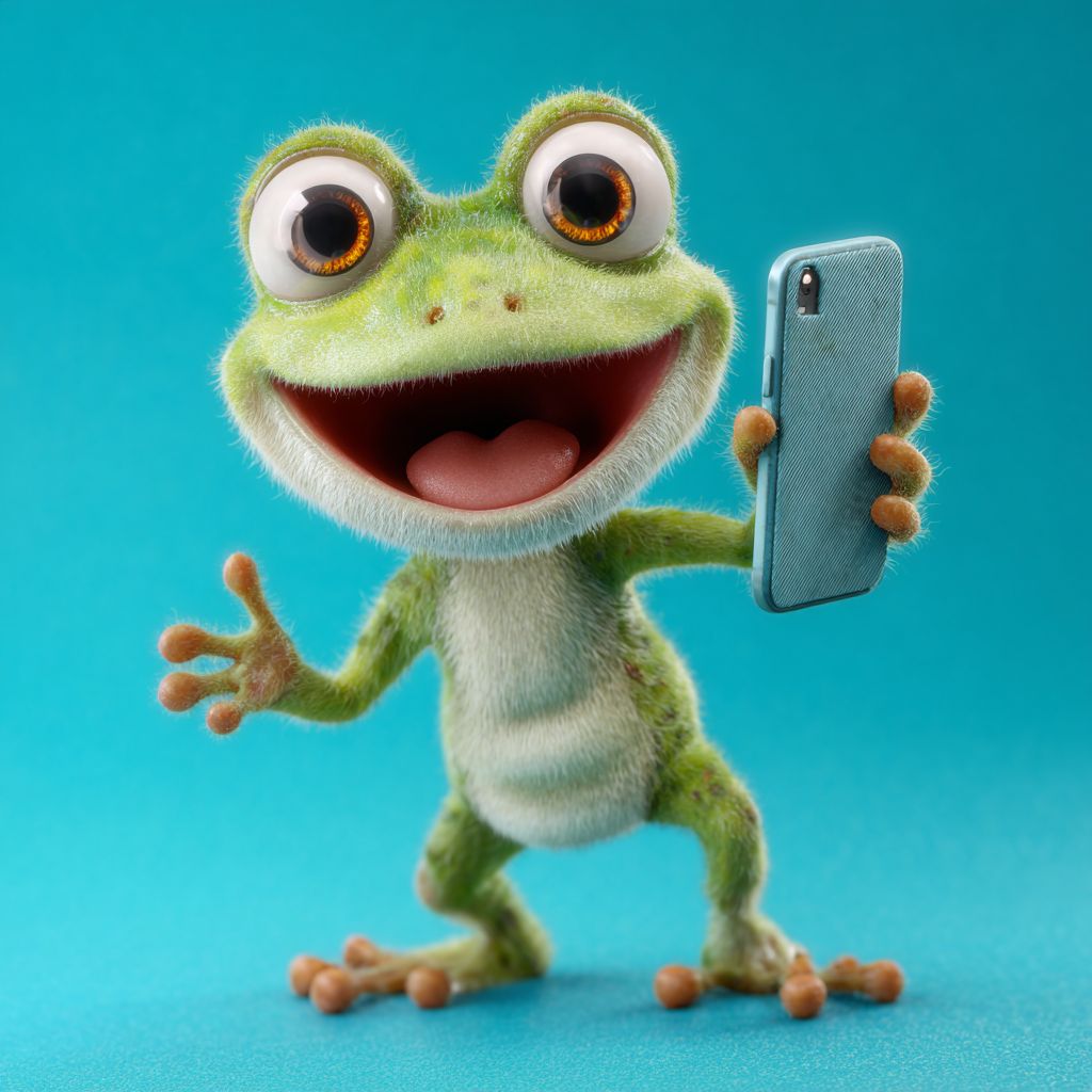 O sapo engraçado Loja777 com um telefone na pata em um fundo azul, simboliza o aplicativo móvel