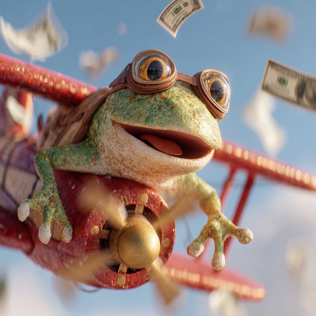O sapo Loja777 de óculos está voando em um avião antigo, o dinheiro está voando ao redor - o símbolo do jogo Aviator