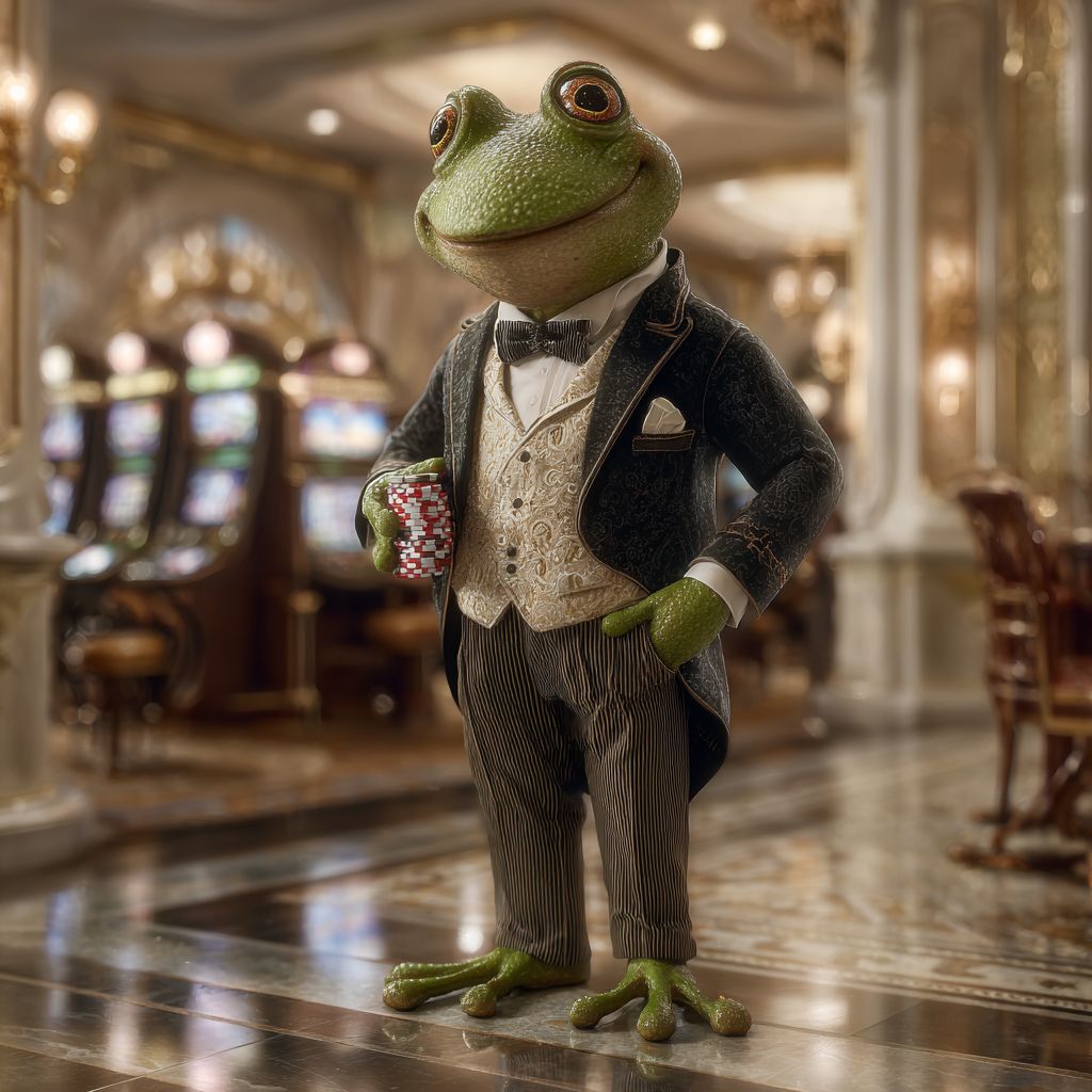 O elegante sapo da Loja777 em um paletó de jantar está no cassino com fichas na pata, representando os jogos clássicos