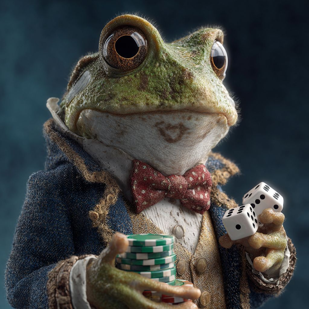 O sapo da Loja777 em um luxuoso paletó com fichas e dados simboliza o acesso a todos os jogos